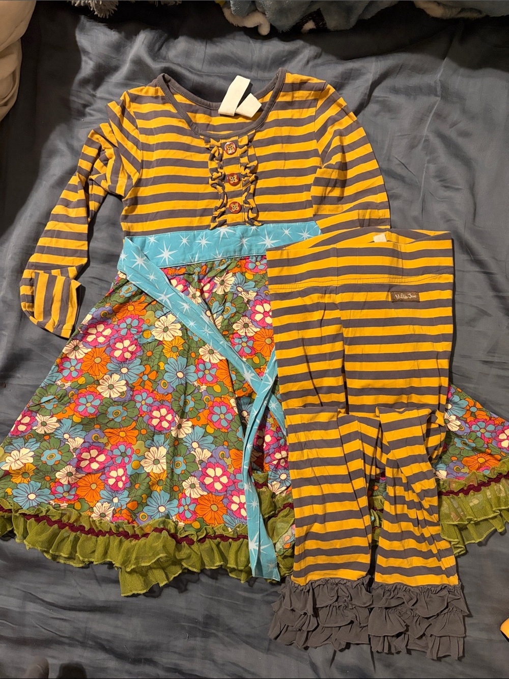 Matilda Jane Yellow & Gray Striped Dress with Floral Skirt and Striped Leggings